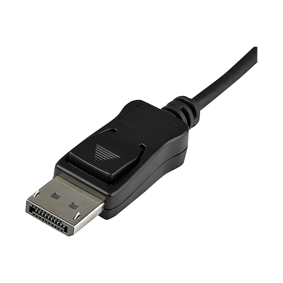 Nahaufnahme eines schwarzen DisplayPort-Kabels mit Metallstecker.