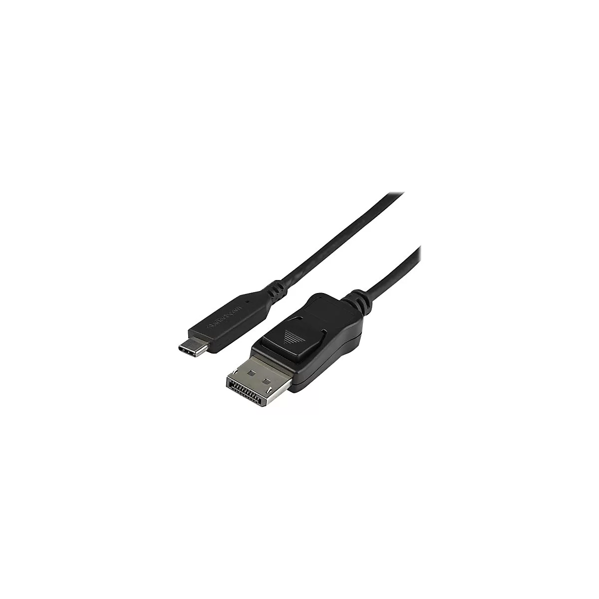 Schwarzes USB-C-auf-DisplayPort-Kabel. Auf der einen Seite ein USB-C-Stecker, auf der anderen ein DisplayPort-Stecker.