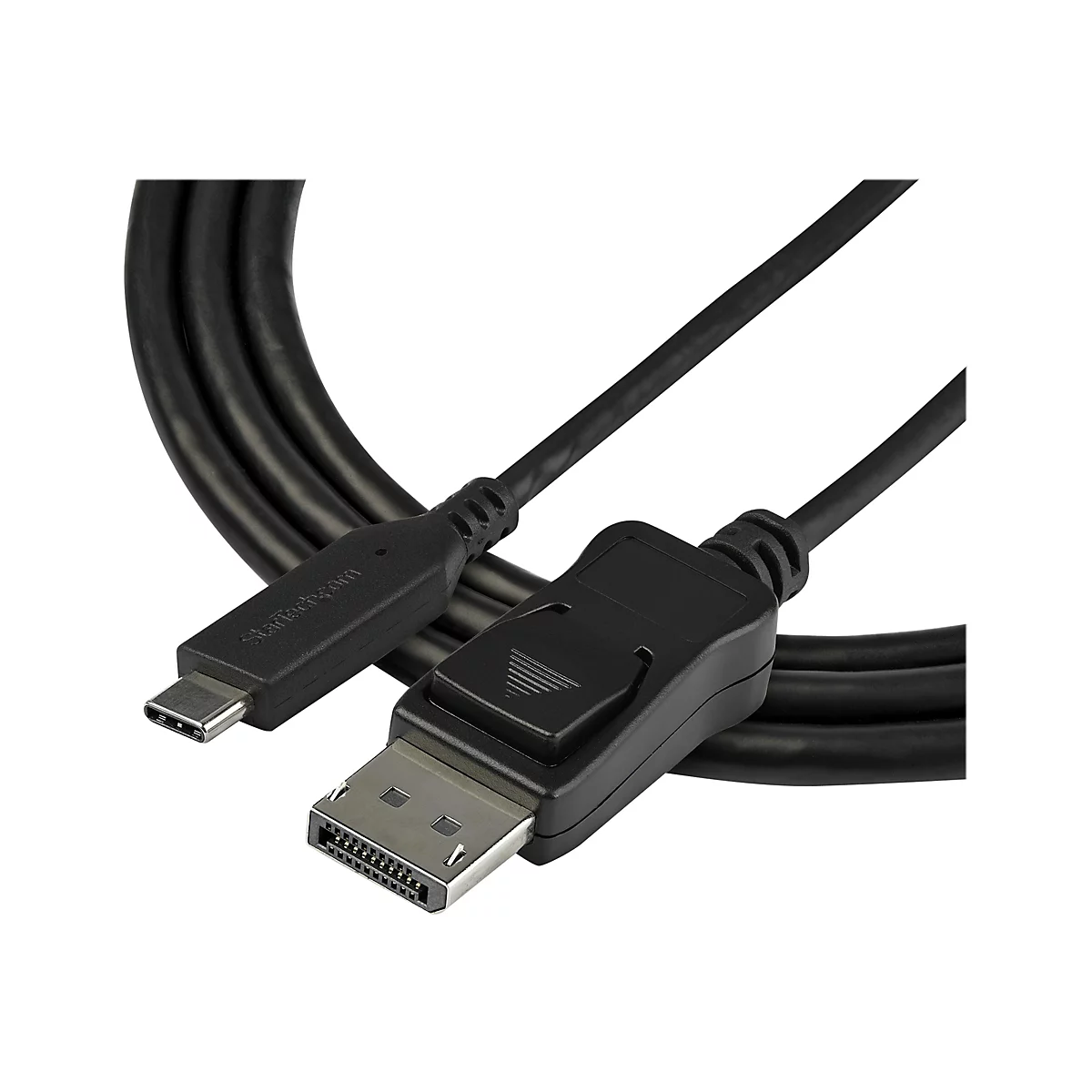 Schwarzes USB-C-auf-DisplayPort-Kabel. Auf der Seite des USB-C-Steckers steht StarTech.com.
