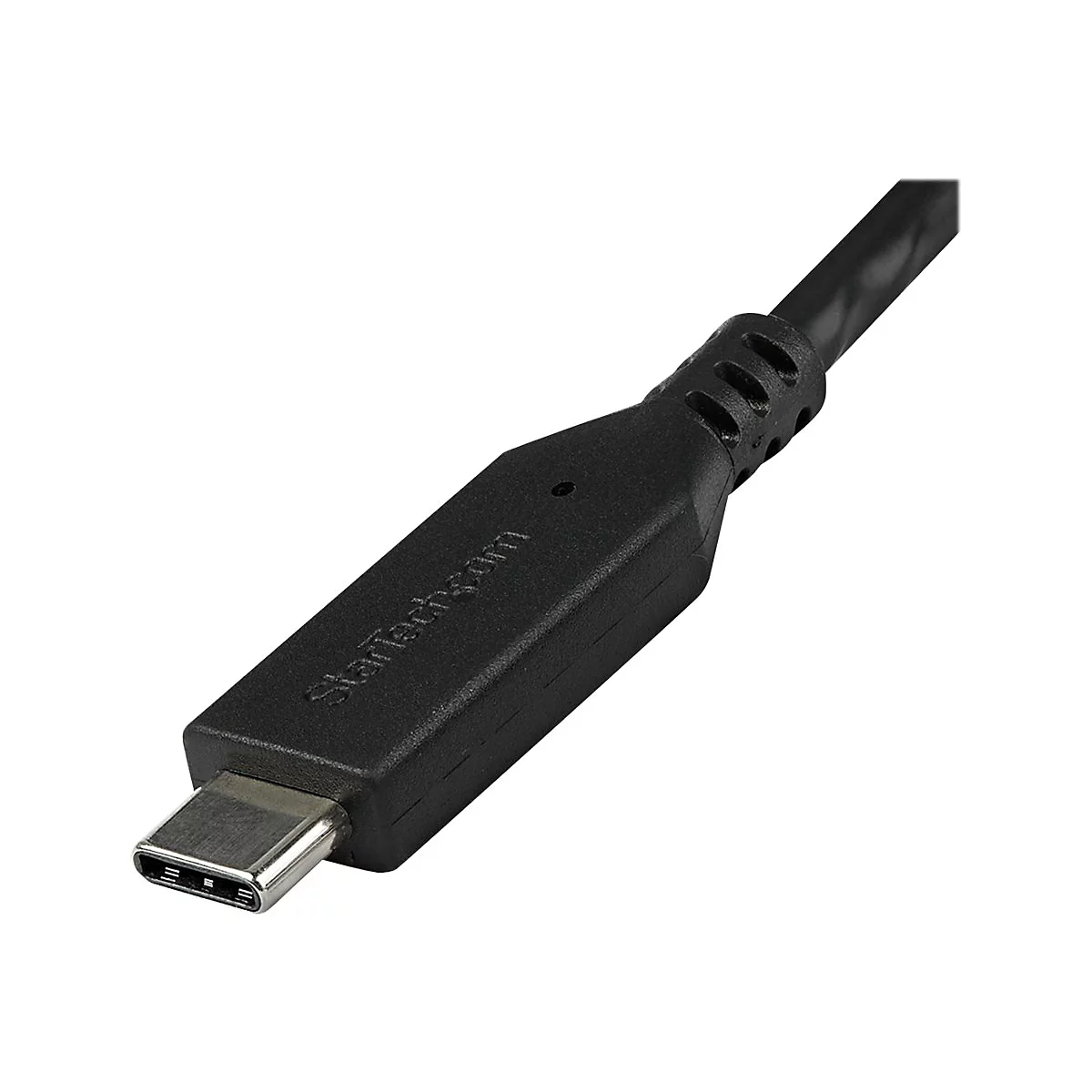 Schwarzes USB-C-Kabel, Startech.com-Logo, detaillierte Nahaufnahme auf weißem Hintergrund.