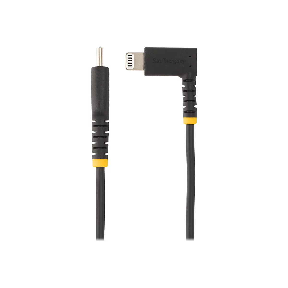 Ein schwarzes Ladekabel mit einem Lightning-Anschluss und einem Anschluss, der sich im 90-Grad-Winkel befindet. Auf dem Anschluss steht "StarTech.com".