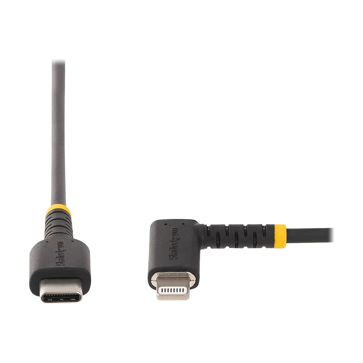Zwei schwarze Kabel mit gelben Akzenten und unterschiedlichen Anschlüssen auf weißem Hintergrund.