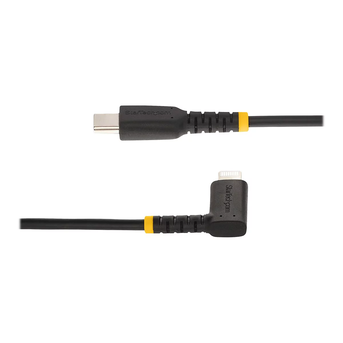 Schwarzes USB-C auf Lightning-Kabel. Auf beiden Enden Logo StarTech.com und gelbe Markierungen.