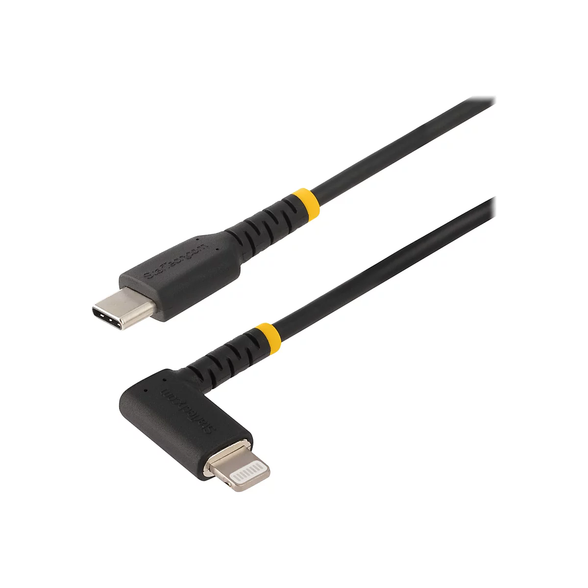 Ein schwarzes Ladekabel mit einem USB-C-Anschluss und einem Lightning-Anschluss, gelbe Akzente.