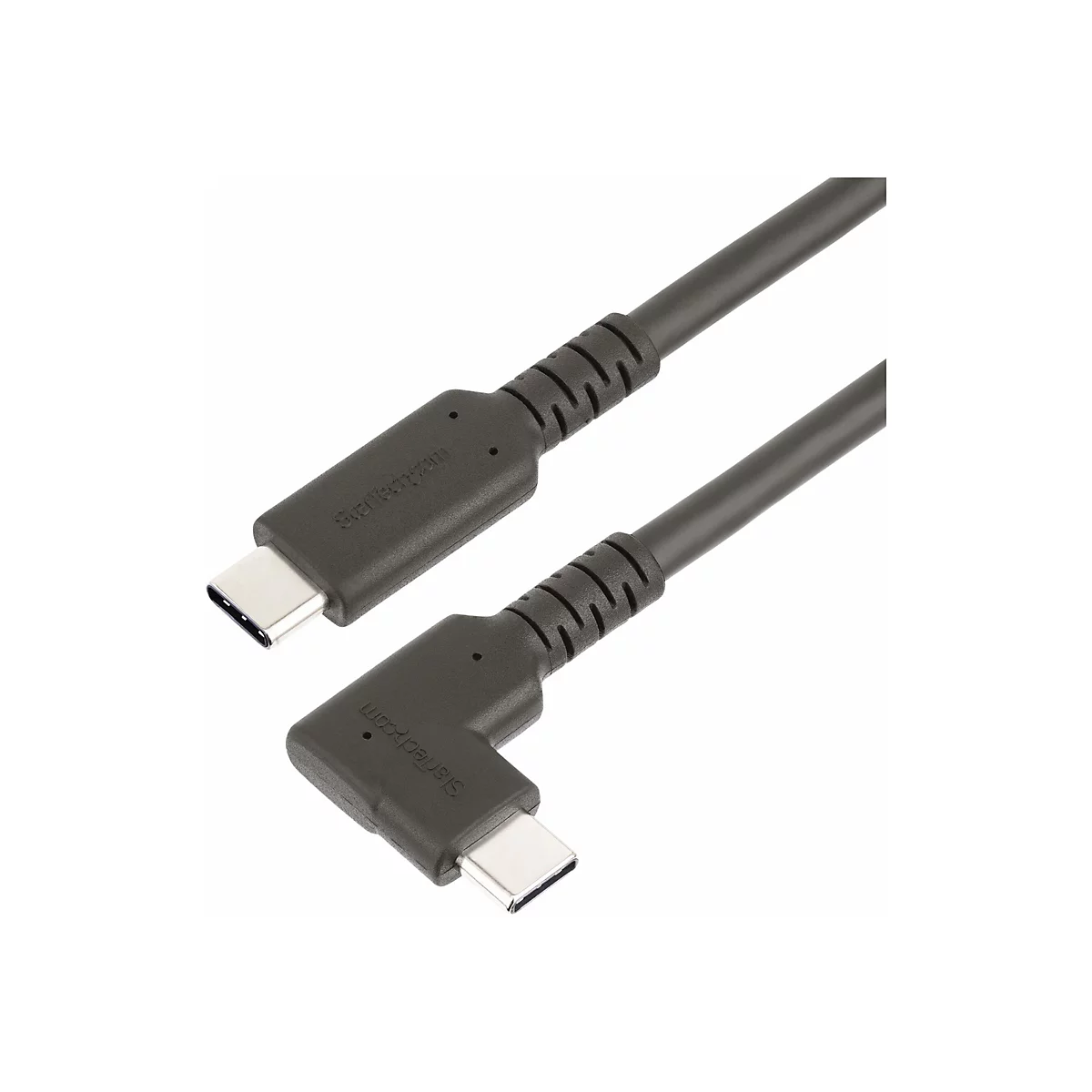 Ein graues USB-C-Kabel, gewinkelt und gerade, vor weißem Hintergrund. Mit Startech.com-Logo.