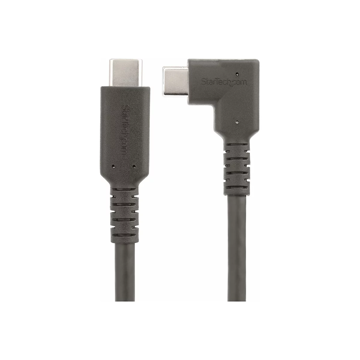 Ein graues USB-C-Kabel, das auf weißem Hintergrund abgebildet ist. Auf den Steckern steht "Startech.com".