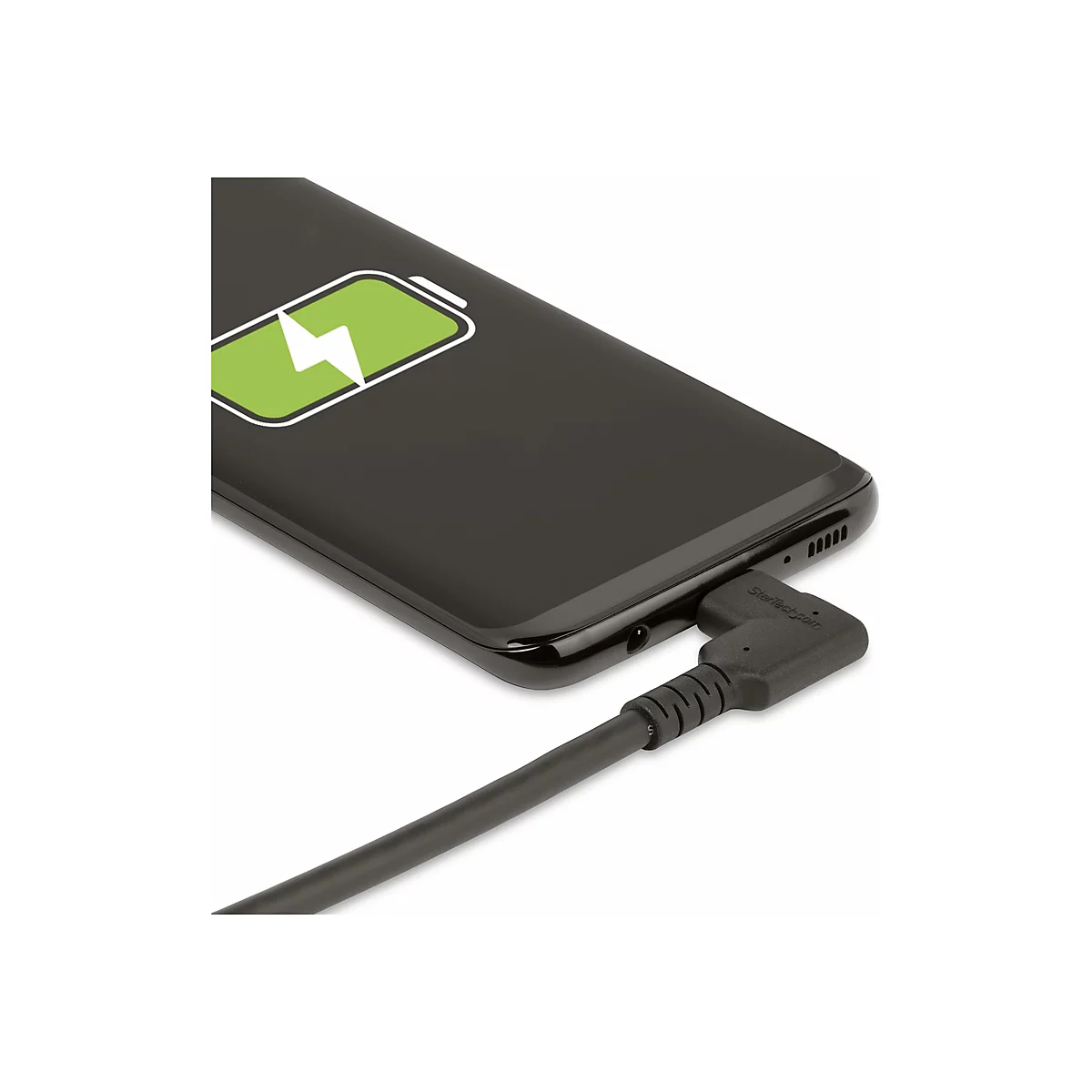 Schwarzes Smartphone mit Ladesymbol. Ein Ladekabel ist mit dem Gerät verbunden.