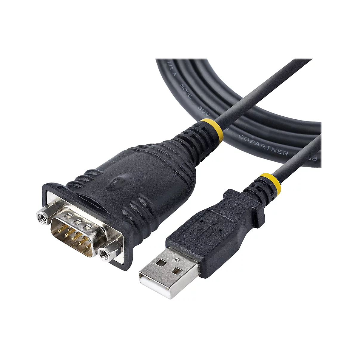 Ein schwarzes Kabel mit einem USB-Stecker an einem Ende und einem DB9-Stecker am anderen. Gelbe Ringe markieren die Übergänge.