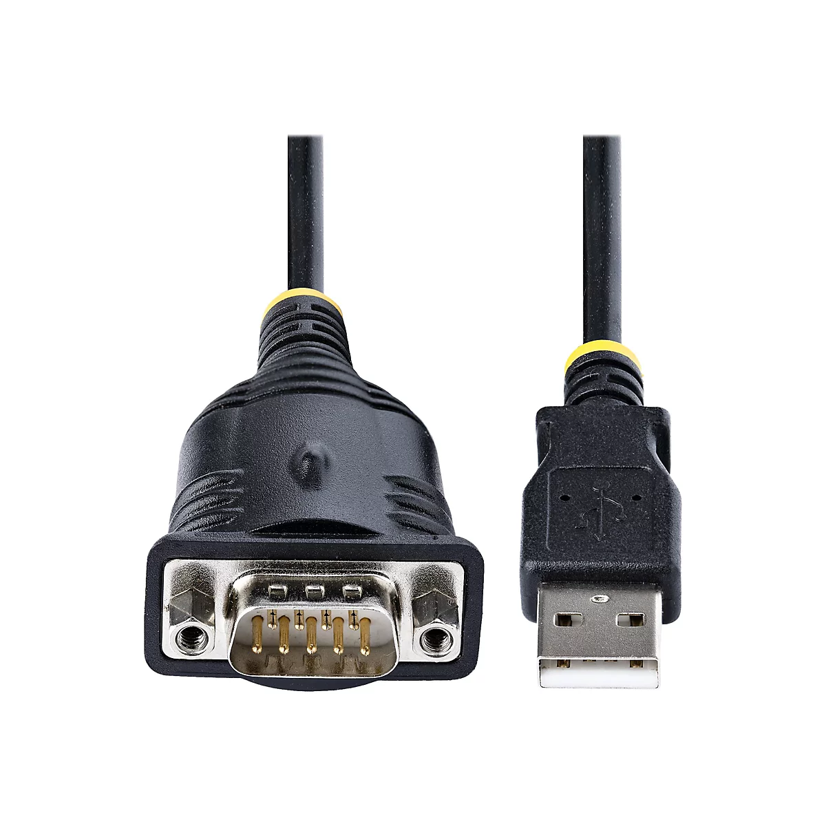 Ein schwarzes USB-auf-Seriell-Kabel mit einem USB-A-Stecker und einem seriellen DB9-Stecker, beide mit gelben Akzenten.