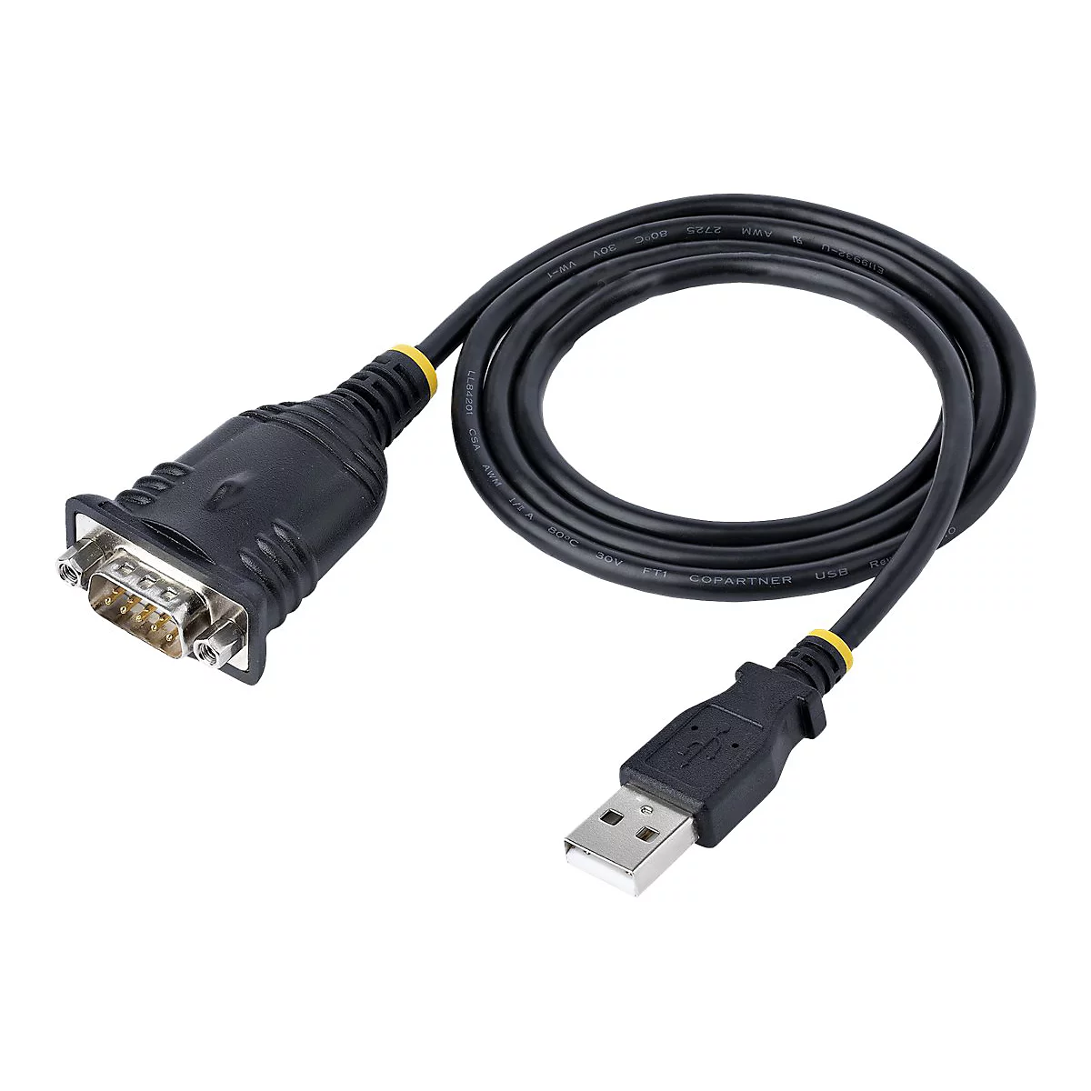 Schwarzes USB-Kabel mit einem seriellen Anschluss und einem USB-A-Stecker, weißer Hintergrund.