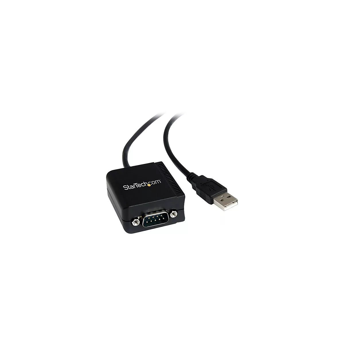 Schwarzer USB-Seriell-Adapter mit Stecker, Buchse und StarTech.com Logo auf weißem Hintergrund.