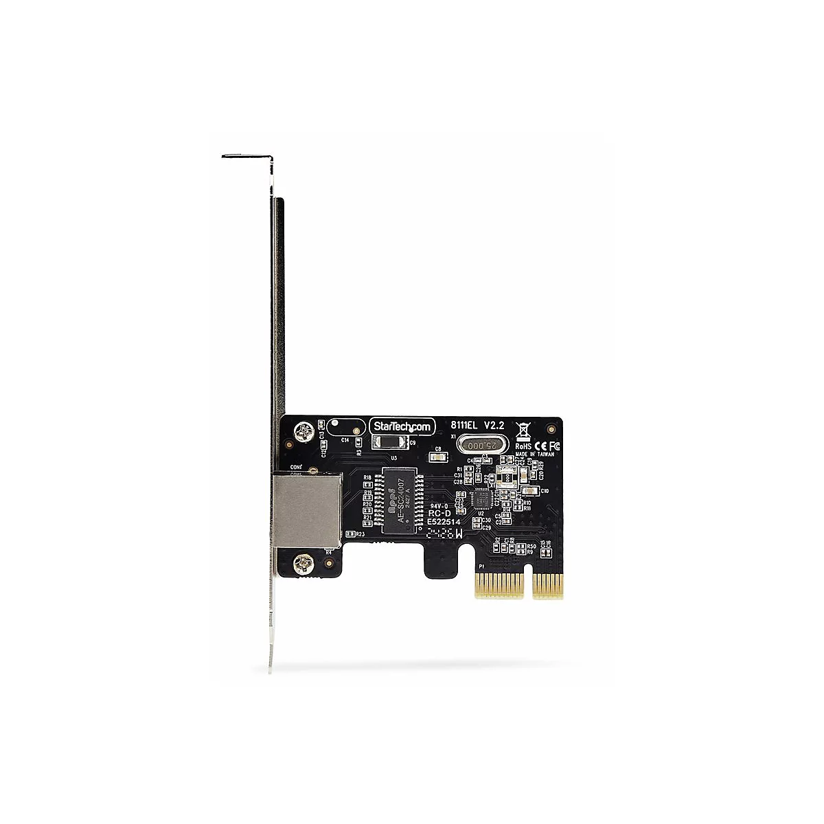 Une carte réseau informatique avec le logo StarTech.com, en noir sur fond blanc, avec des détails techniques.