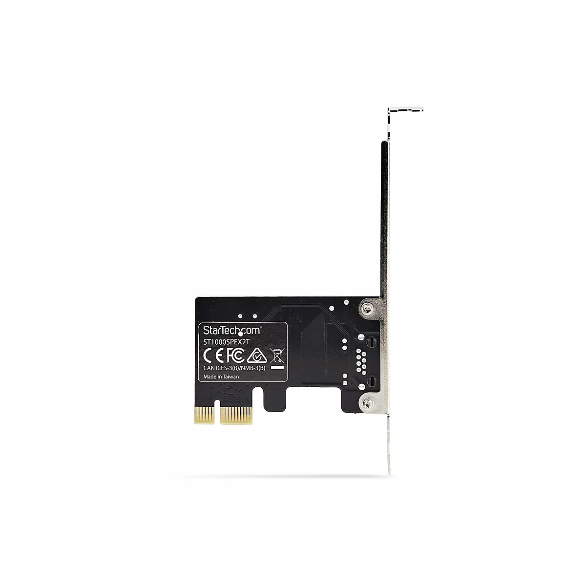 Une carte réseau noire avec un support en métal argenté sur fond blanc. Le texte sur la carte indique StarTech.com, ST1000SPEX2T, CEFC, Made in Taiwan.