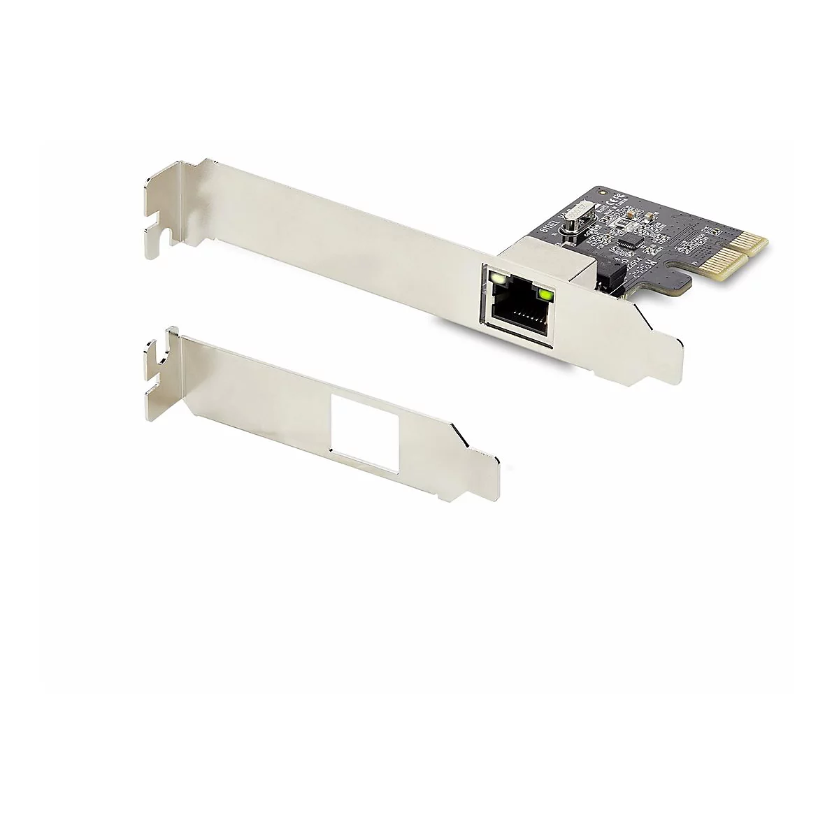 Une carte réseau avec un connecteur RJ45 et une lunette détachée sur fond blanc.