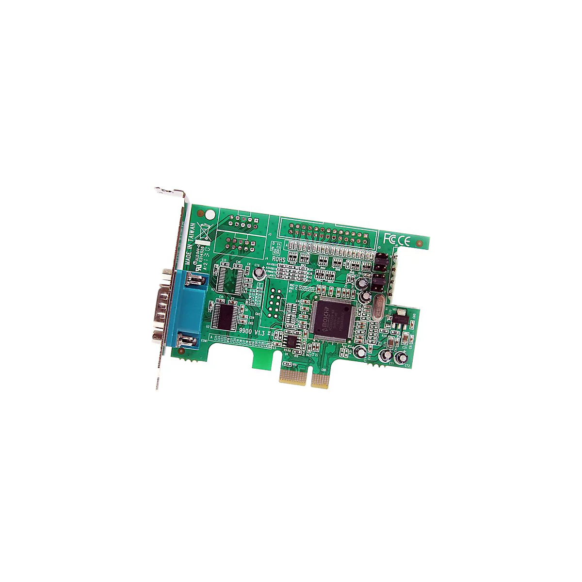 Eine grüne PC-Karte mit elektronischen Komponenten. Aufgedruckt sind Schriftzüge wie "9900 V1.3" und "MADE IN TAIWAN".