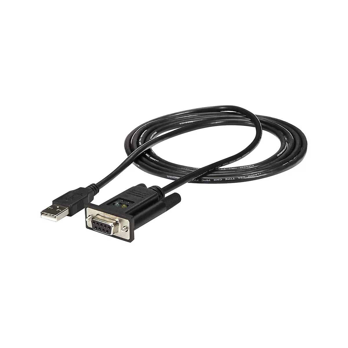 Schwarzes Kabel mit USB- und RS-232-Anschlüssen. Der Stecker hat 9 Pins.