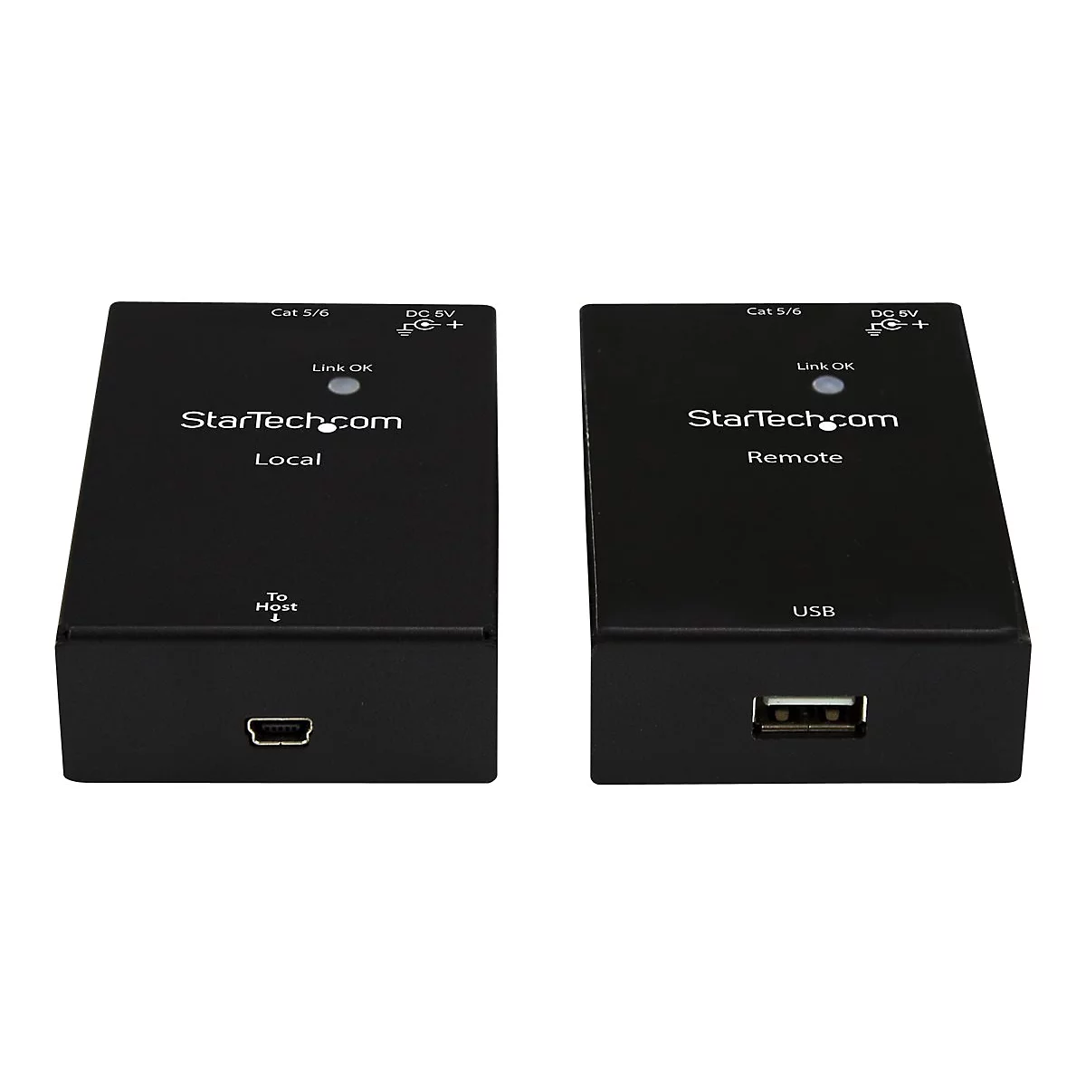 Zwei schwarze Geräte nebeneinander. Links: „Local“, Mini-USB-Anschluss. Rechts: „Remote“, USB-Anschluss. Beide: StarTech.com.