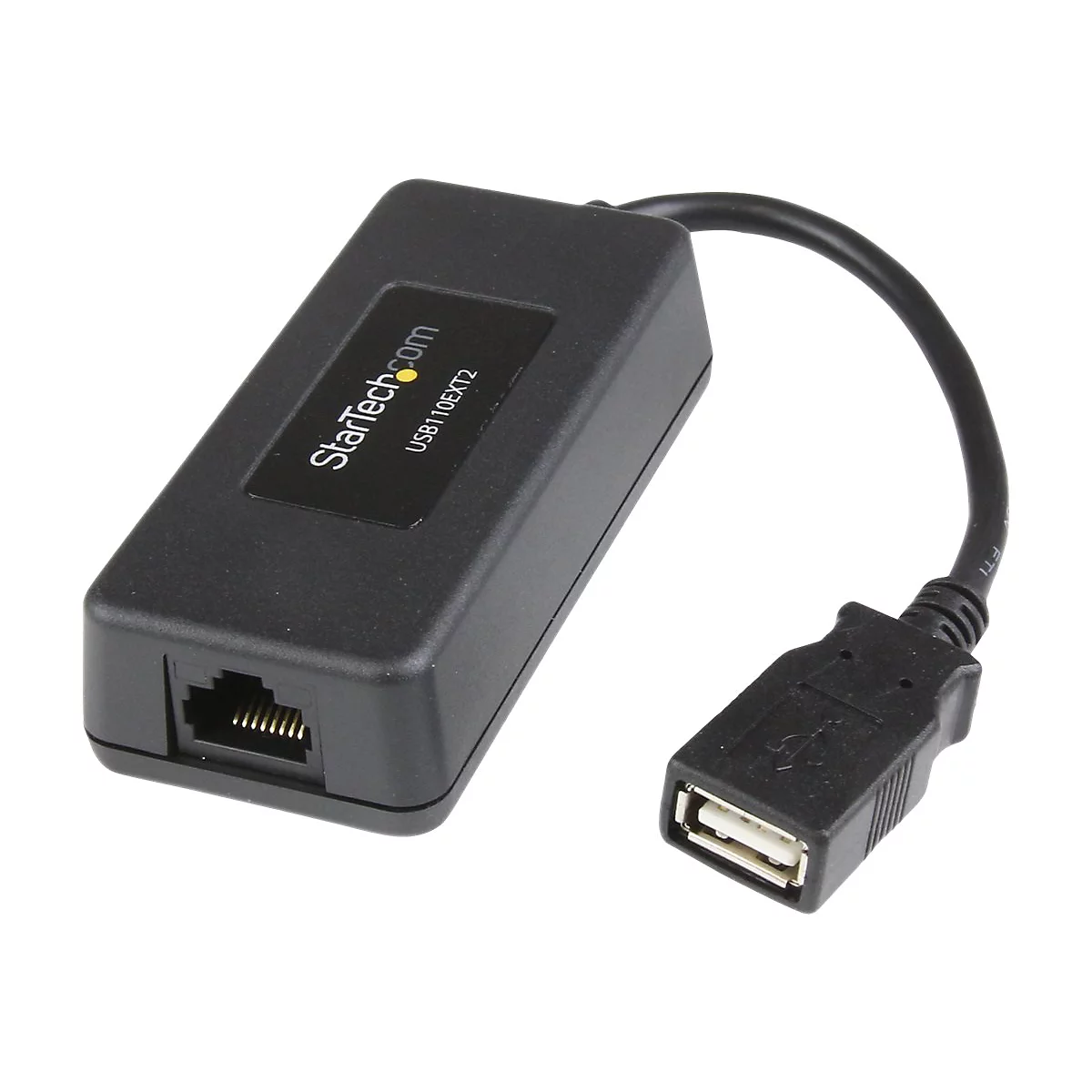 Schwarzer USB-Extender von StarTech.com, mit USB-Anschluss und RJ45-Buchse, verbunden mit einem Kabel.