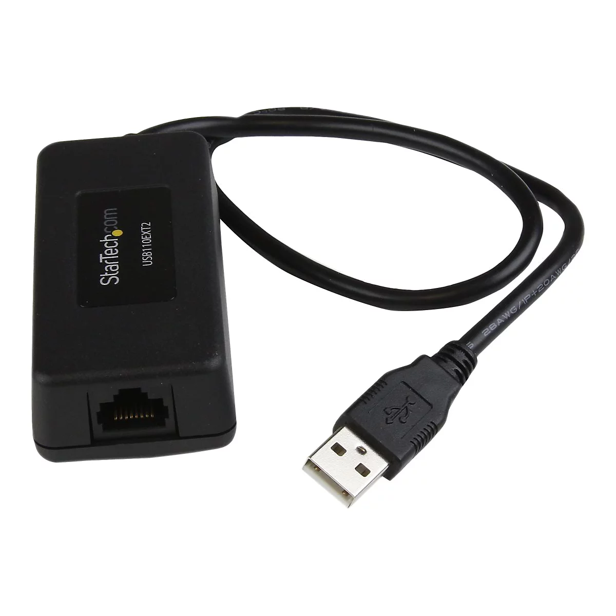Schwarzer USB-Verlängerer mit RJ45-Anschluss, USB-Stecker und Kabel.