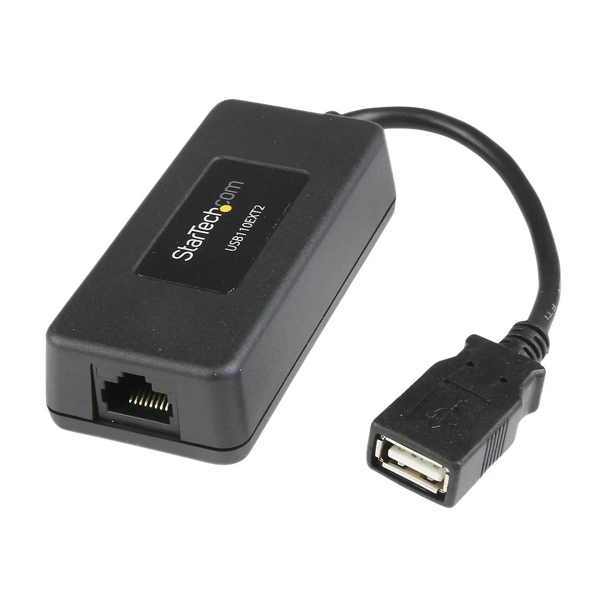 Schwarzer USB-zu-Ethernet-Adapter. Mit USB-Stecker, Kabel und RJ45-Port. Aufschrift: StarTech.com.