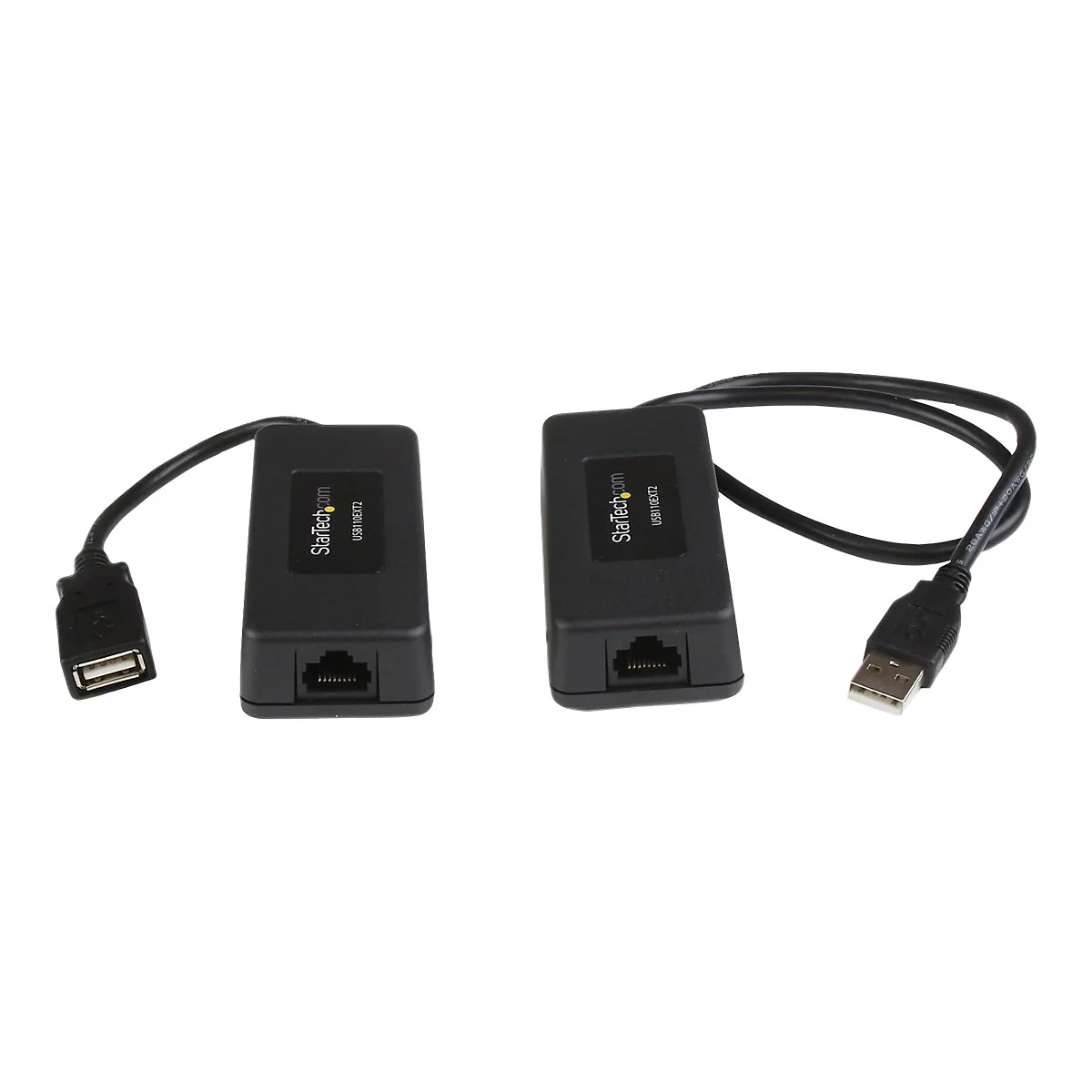 Zwei schwarze StarTech.com USB zu Ethernet Adapter mit Kabeln und Anschlüssen auf weißem Hintergrund.
