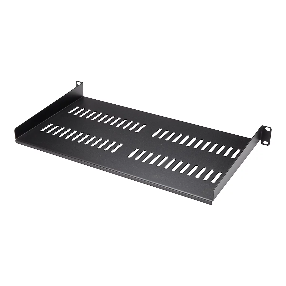 Schwarzes Rack-Montage-Regal mit Schlitzdesign. Das Regal hat zwei Winkel an den Seiten und ist auf weißem Hintergrund isoliert.
