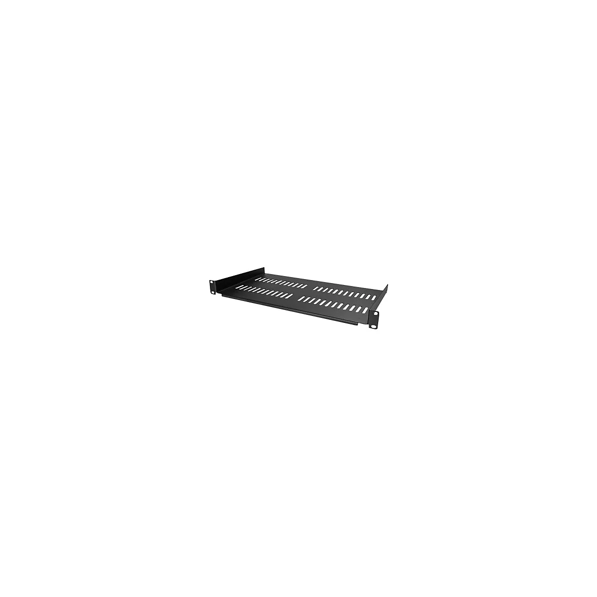 Schwarzes Rack-Fach mit Lochmuster. Links und rechts befinden sich Befestigungslöcher.