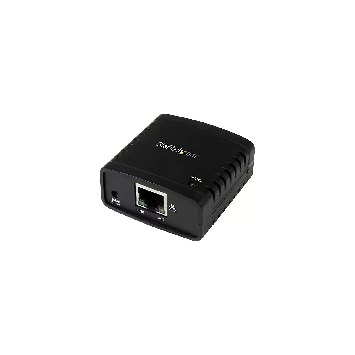 Schwarzer Netzwerkadapter mit StarTech.com Logo, RJ45-Port und Power-Leuchte.