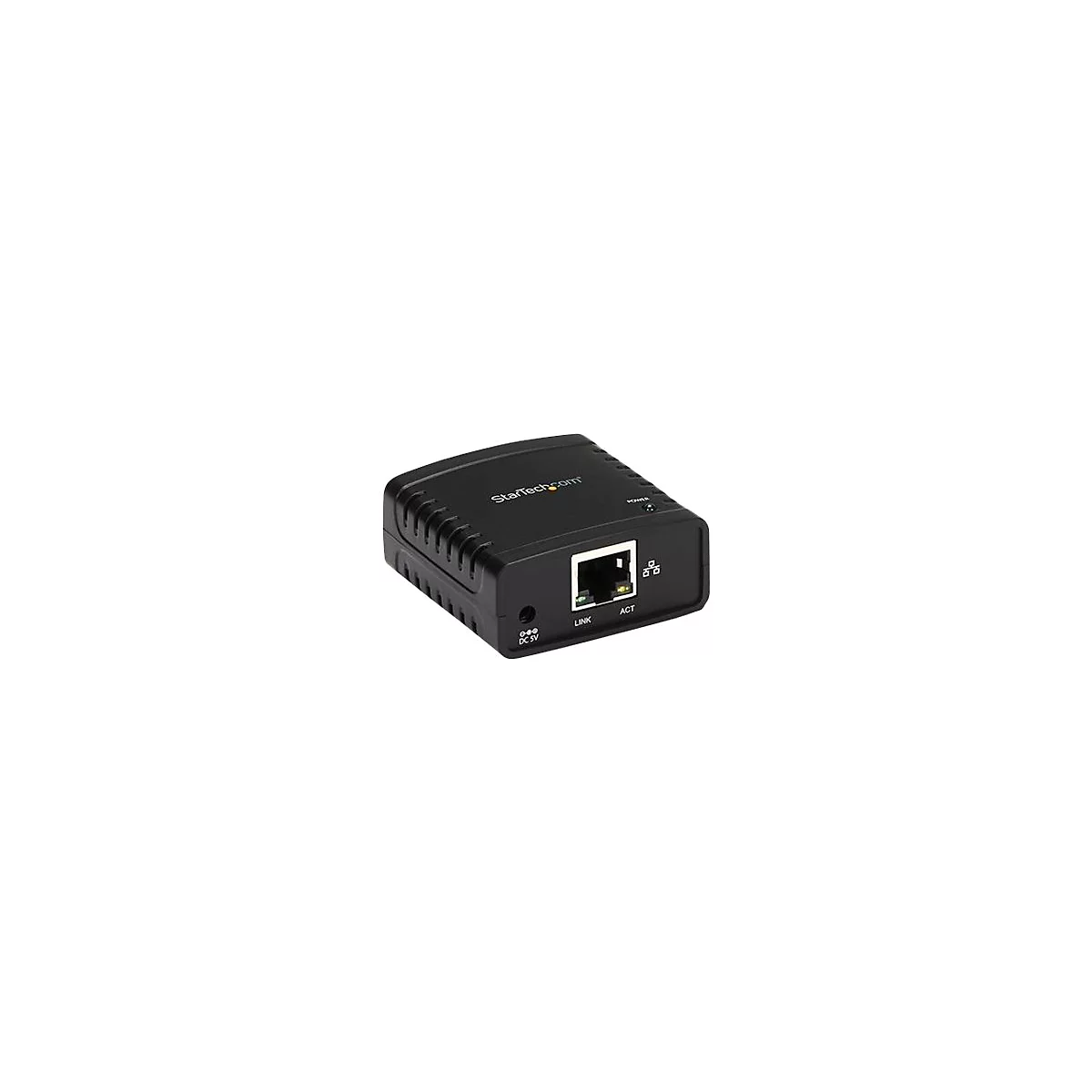 Schwarzer Netzwerkadapter von StarTech.com, mit RJ45-Anschluss, Power- und Link-LED.
