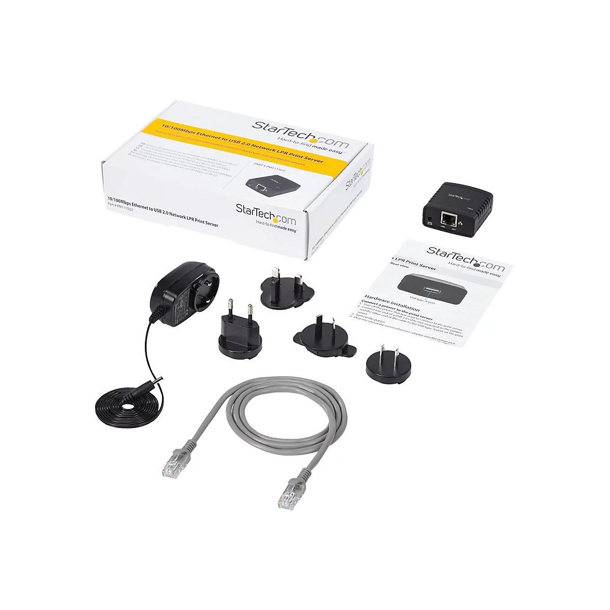 Ein Set mit schwarzem Netzwerkadapter, Netzteilen, Kabel und Handbuch auf weiÃŸem Hintergrund.