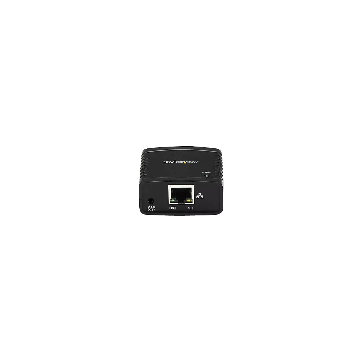 Schwarzer Netzwerkadapter von StarTech.com mit RJ45-Port, Leuchten, Schriftzug und Power-LED.