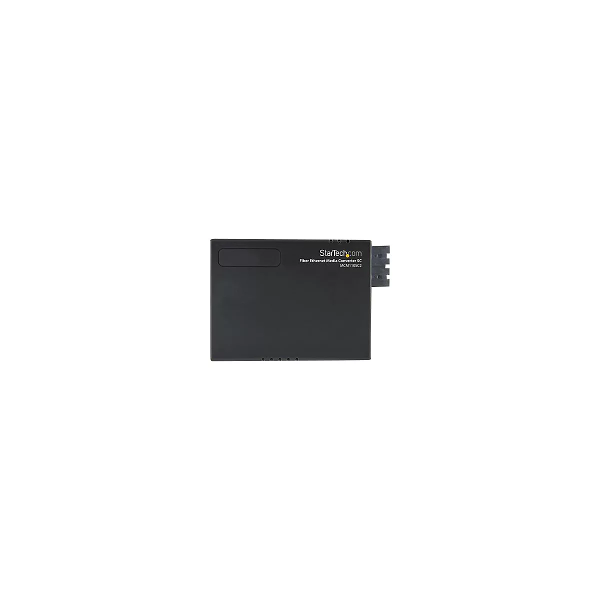Schwarzer Fiber-Ethernet-Media-Konverter, StarTech.com. Text: Fiber Ethernet Media Converter SC MCM110SC2. Mit Anschluss auf der rechten Seite.