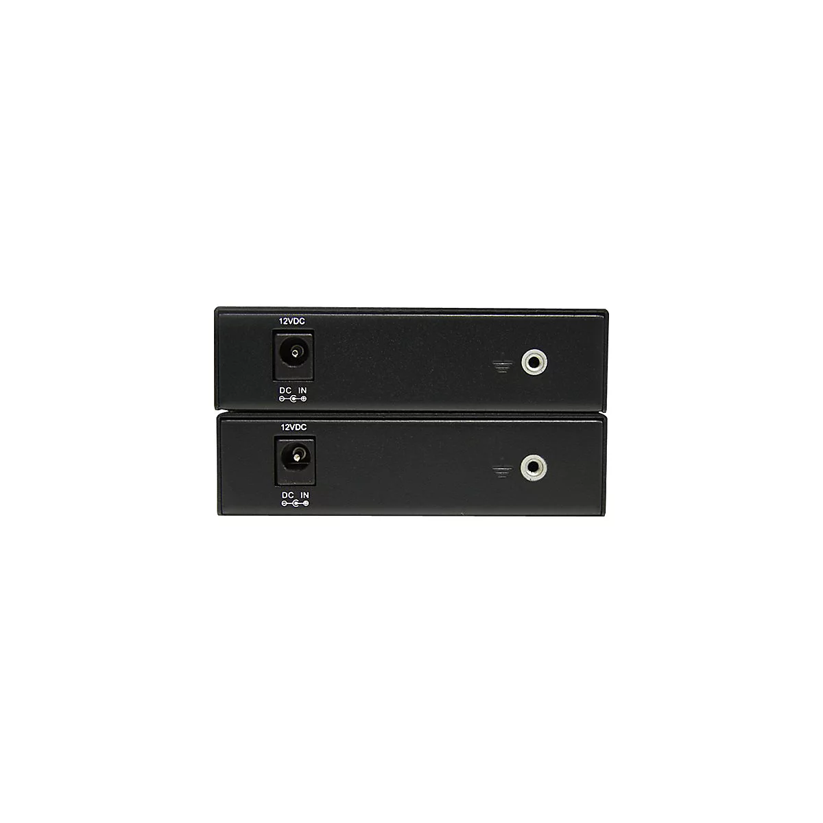 Zwei schwarze Geräte, übereinander angeordnet, mit Anschlüssen für Strom und Audio. Beschriftung: 12VDC, DC IN.