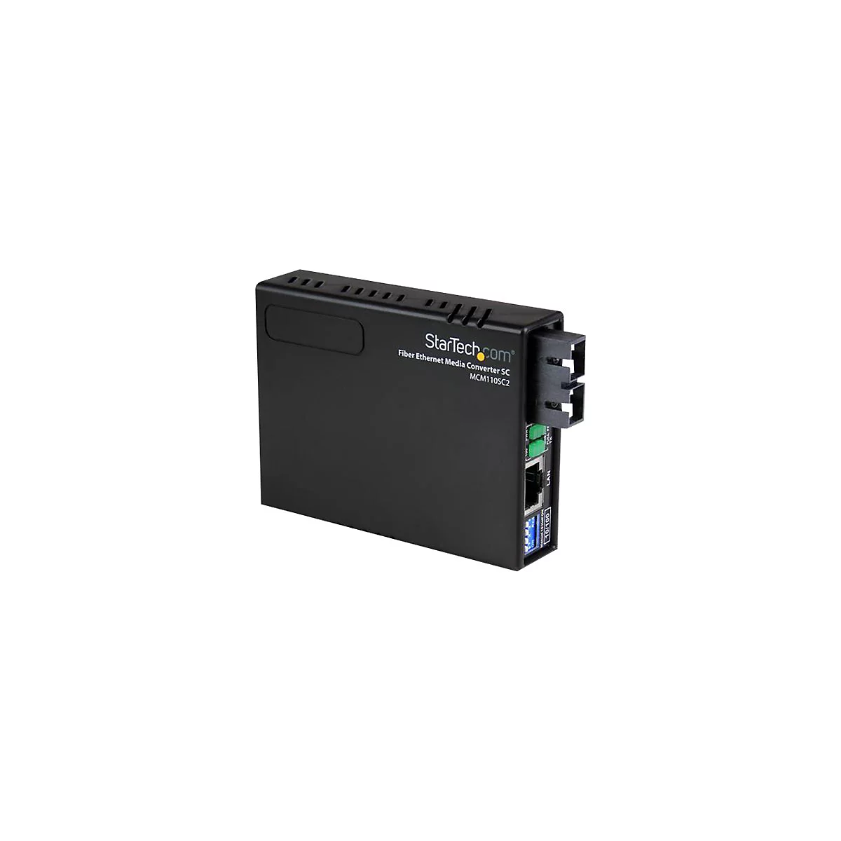 Schwarzer Fiber-Ethernet-Media-Konverter von StarTech.com. Er hat Anschlüsse für Netzwerkkabel.
