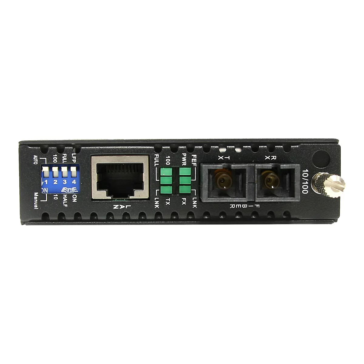 Schwarzer Netzwerk-Konverter, zeigt Anschlüsse, LEDs und Schalter.