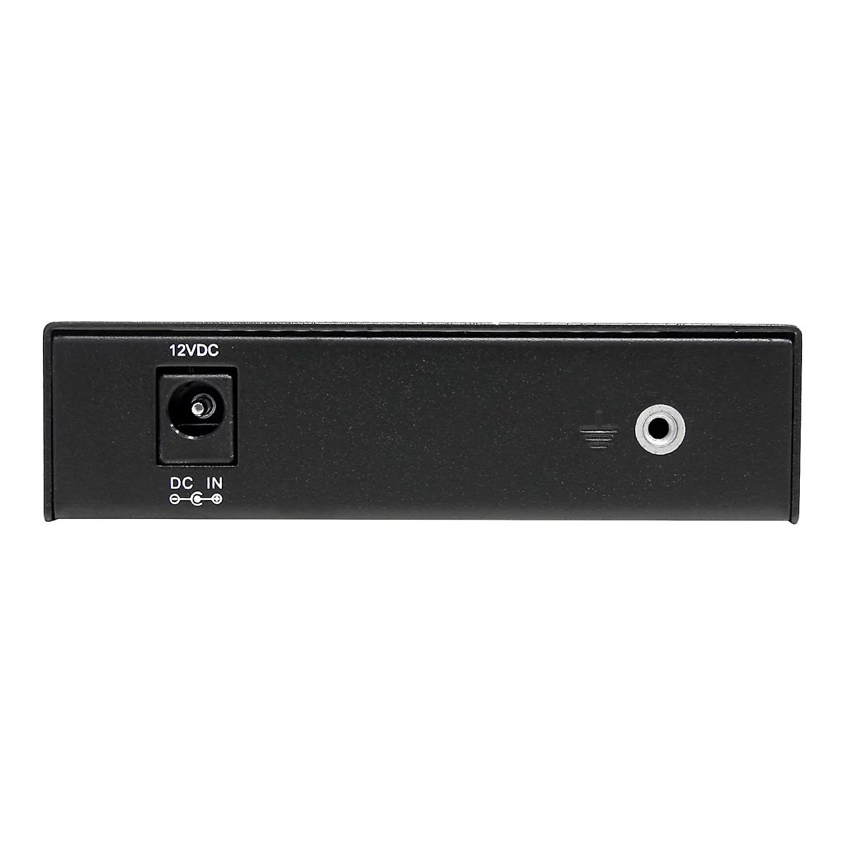 Schwarzes elektronisches Gerät, mit Anschlüssen für Strom und Audio.
