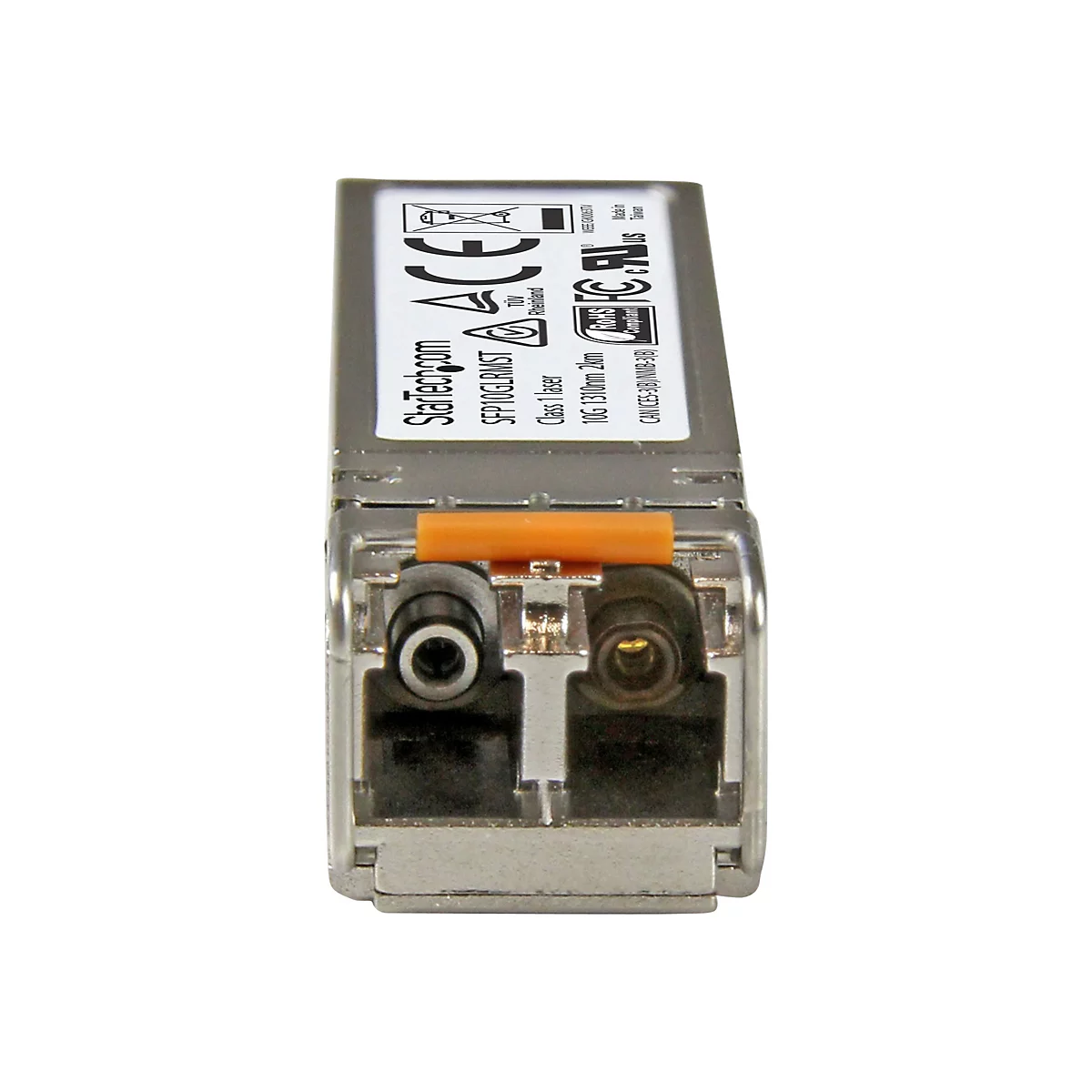 Ein SFP-Modul, silberfarbenes Metallgehäuse mit schwarzer Steckerseite und orangefarbener Sicherung. Beschriftung: StarTech, SFP10GLRMST, 10G 1310nm 2km.