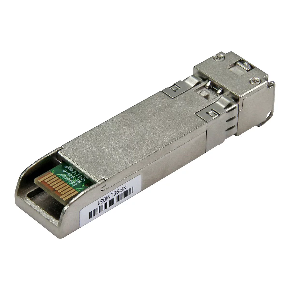 Ein graues SFP-Modul mit Aufkleber und elektronischen Komponenten.