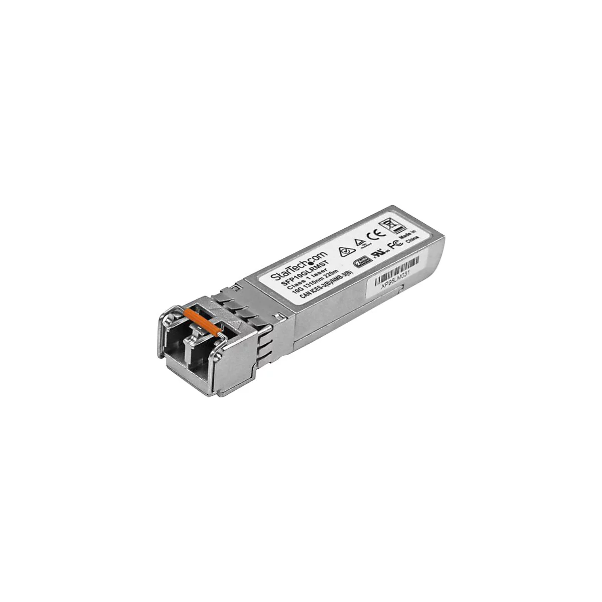 Ein silbernes SFP-Modul, beschriftet mit Produktinformationen von StarTech.com und einem Barcode. Der Stecker hat eine orangefarbene Lasche.