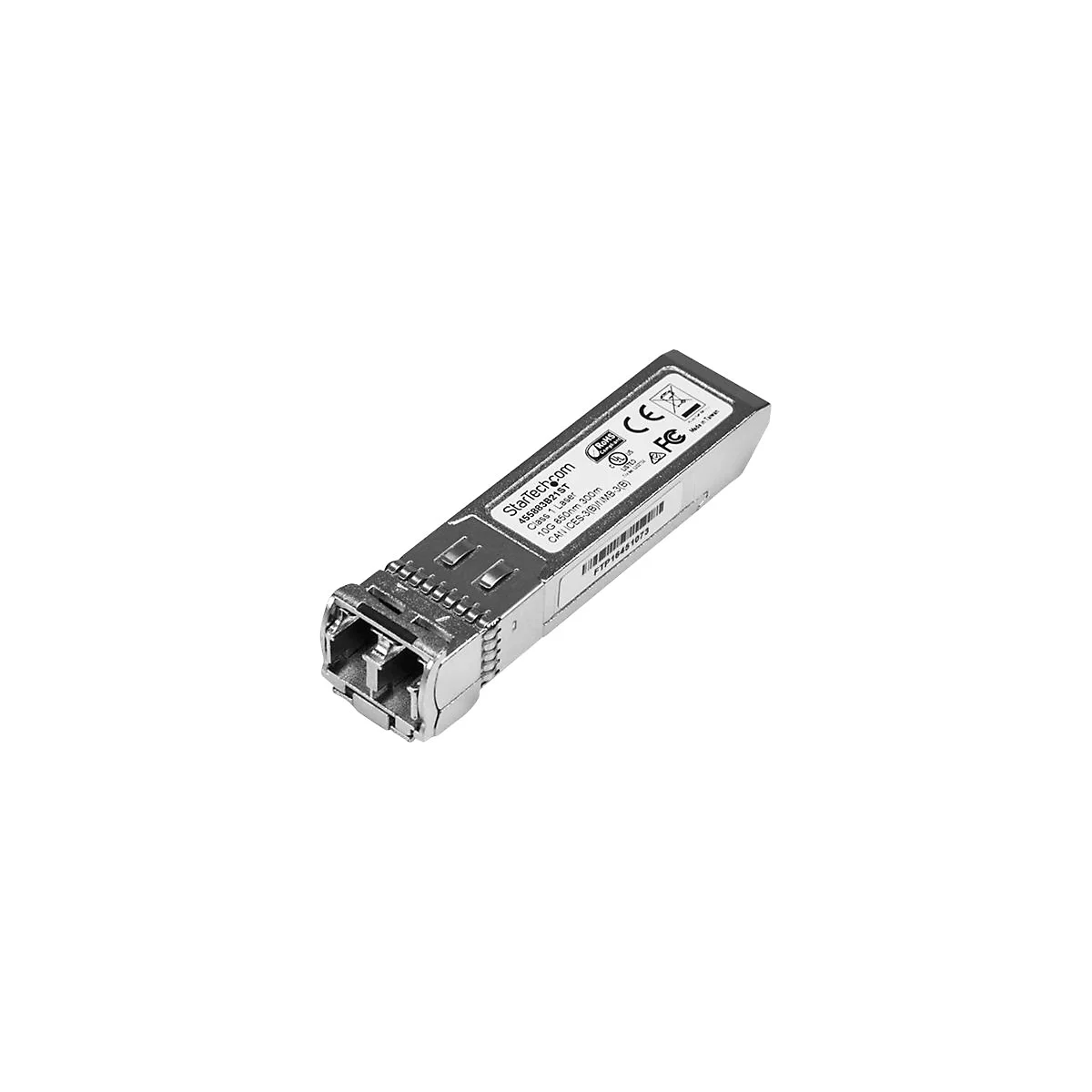 Émetteur-récepteur réseau métallique sur fond blanc. Inscription : StarTech.com, 10G 850nm 300m, divers logos et certifications.