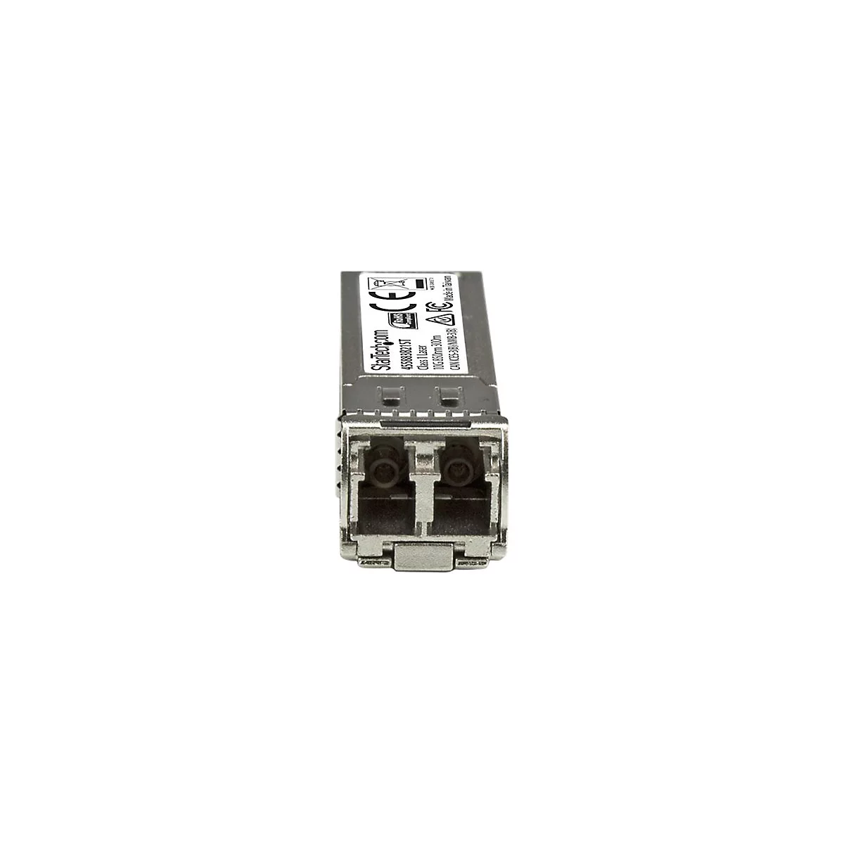 Ein graues SFP-Modul mit zwei Anschlüssen und Text: StarTech.com, 458838215T, Class 1 Laser.