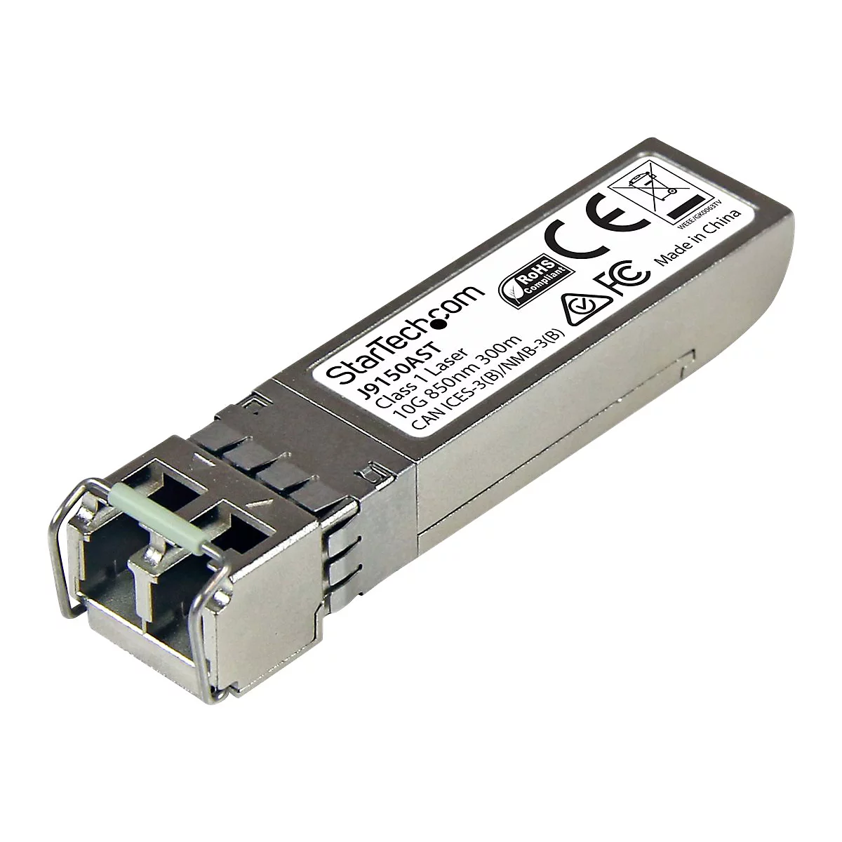 Ein silberner StarTech.com-Transceiver für Netzwerktechnik. Details wie Schriftzüge und Logos sind erkennbar.