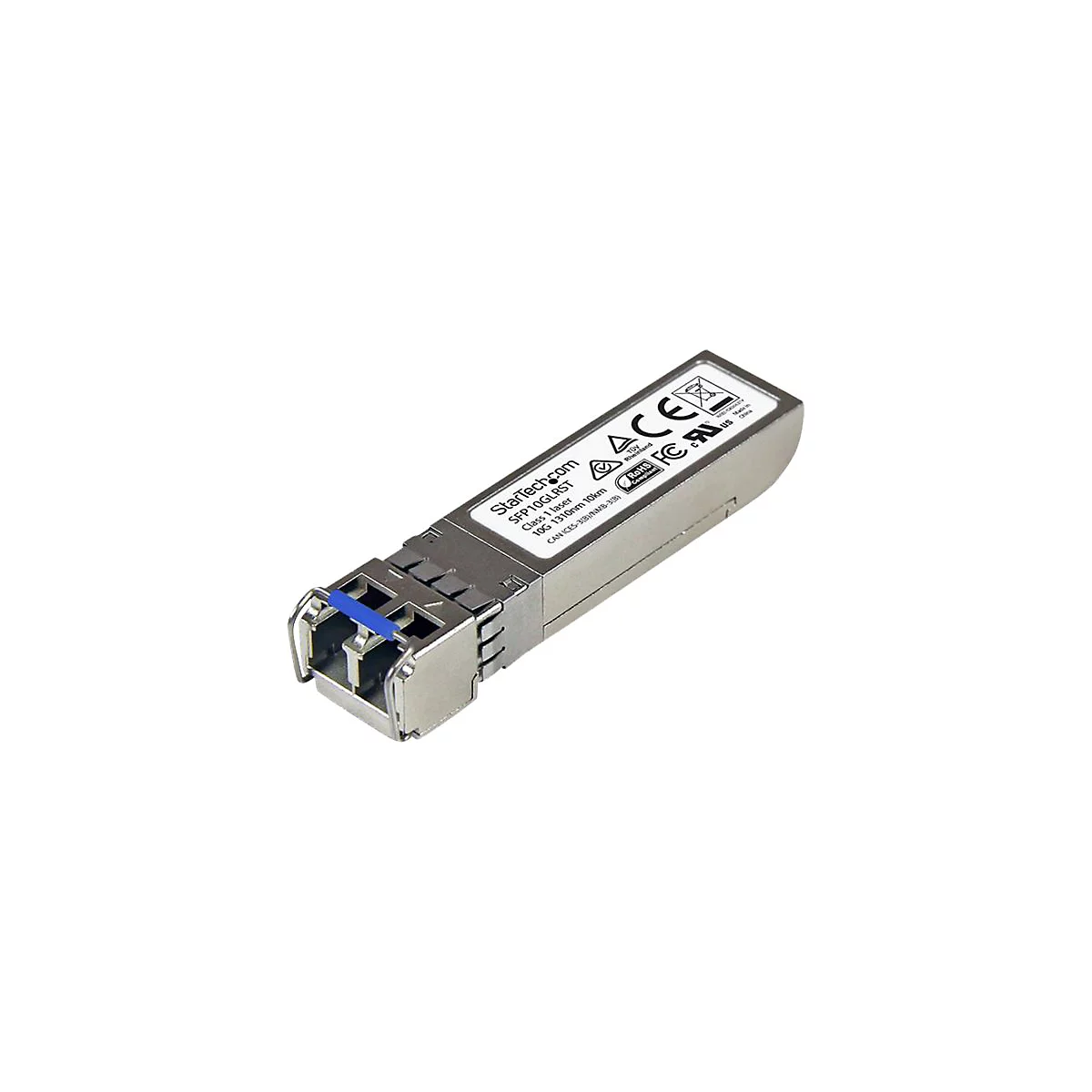 Ein silberner SFP Transceiver von StarTech.com. Er hat einen blauen Bügel, und weiße Beschriftungen.