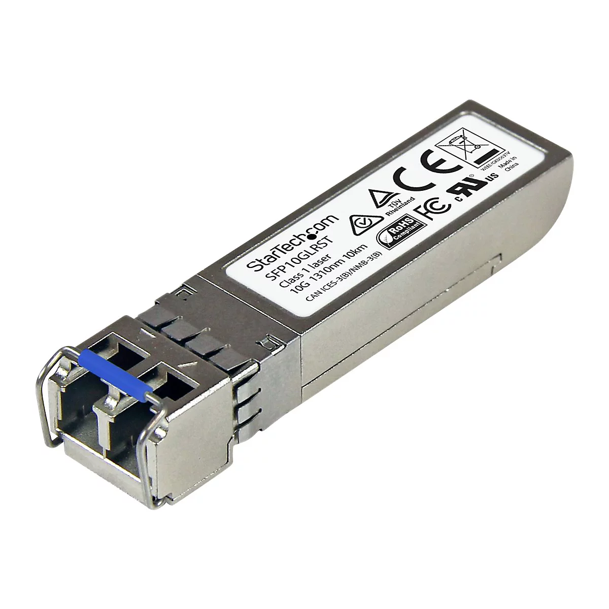 Ein silbernes SFP-Modul, beschriftet mit StarTech.com und technischen Daten, mit blauer Verriegelung.