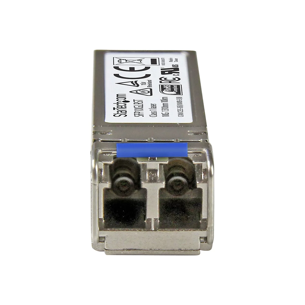 Ein silberfarbenes SFP-Modul mit Aufschrift StarTech.com und blauer Halterung.