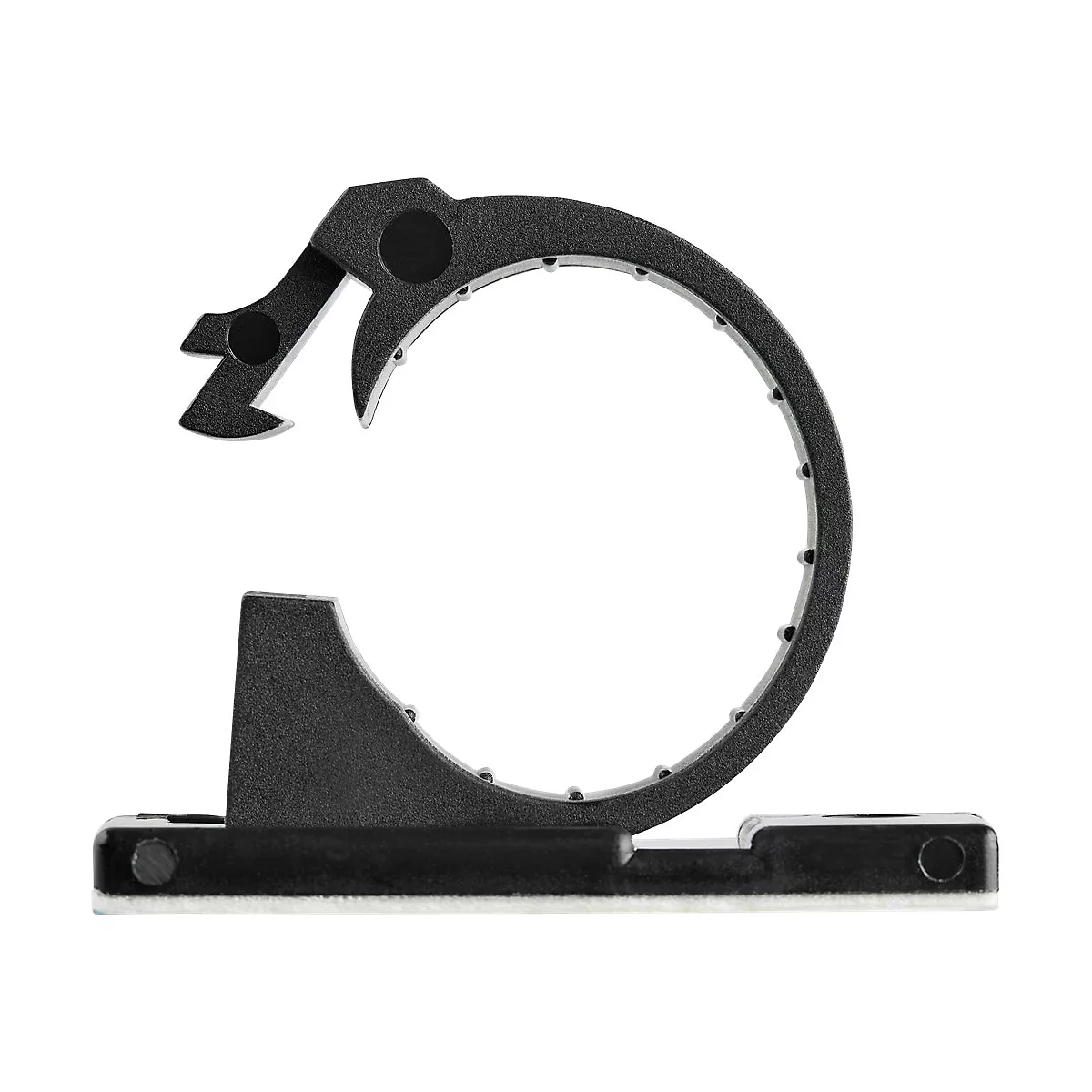 Collier de serrage noir détaillé sur fond blanc. Forme arrondie avec ouverture et élément de fixation.