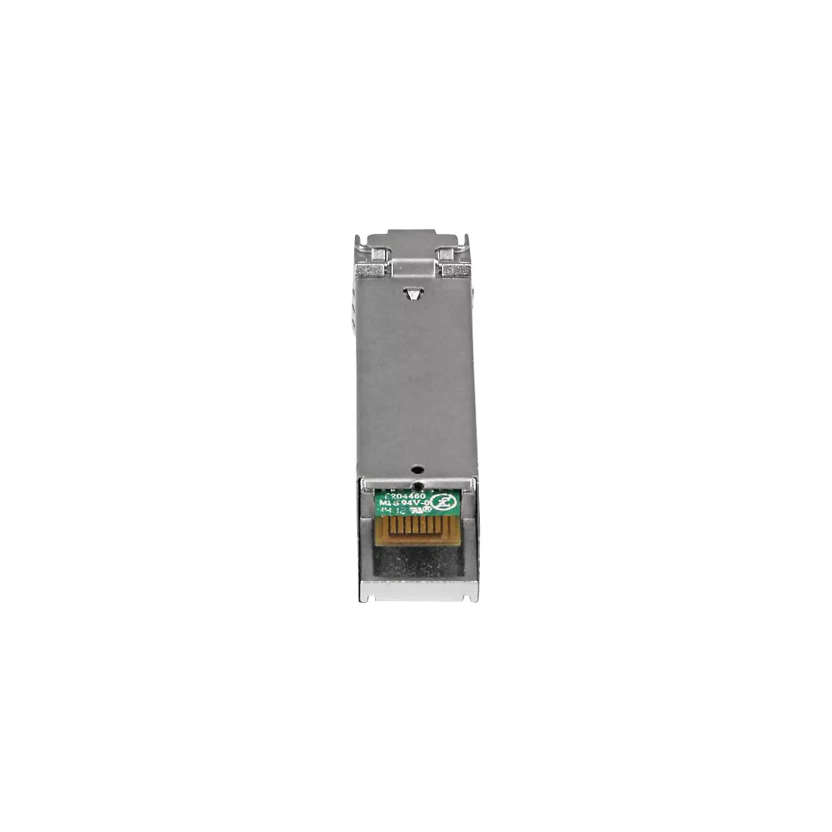 Metallfarbenes Netzwerk-Modul mit grüner Platine und Aufschrift.