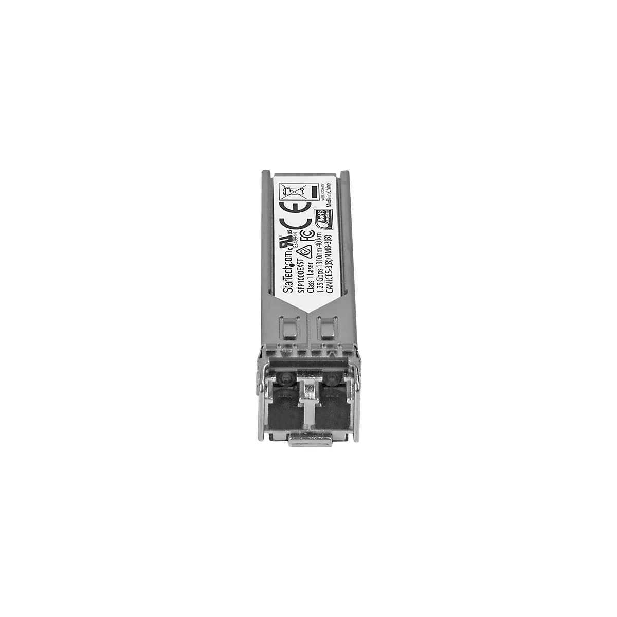 Ein graues SFP-Modul, das Details wie das StarTech.com Logo und technische Daten zeigt.