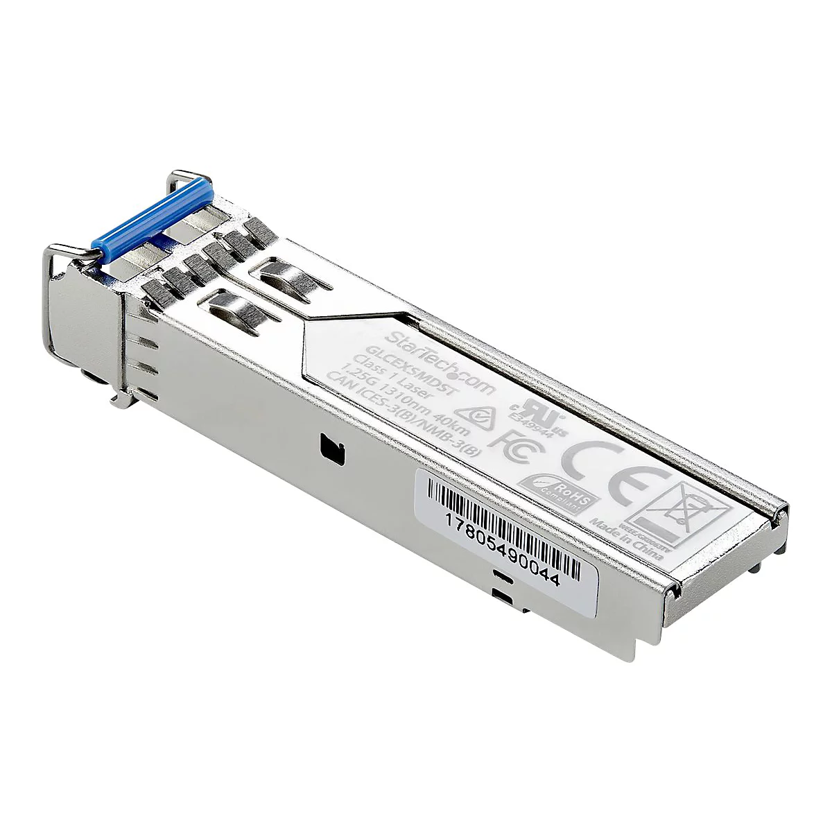 Ein silbernes Netzwerkmodul, mit blauem Verschluss. Es trägt Aufdrucke mit Produktinformationen und Zertifizierungen.