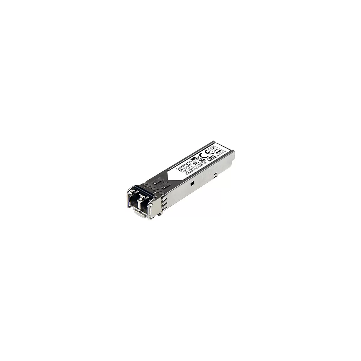 Ein silberner SFP-Transceiver vor weißem Hintergrund. Aufschrift: StarTech.com, SFP1000LHST.